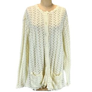 VINTAGE buttercream open hole lace knit‎ sweater cardigan button front 80s XL